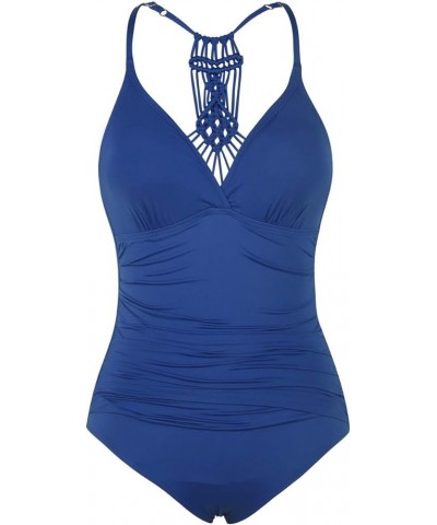 Women's Tummy Control One Piece Bathing Suits V Neck Swimsuits Hand-Braid Macrame Ruched Slimming Swimwear Balakan Blue $18.4...