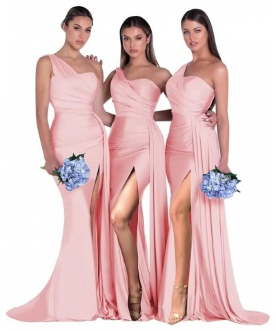 One Shoulder Mermaid Bridesmaid Dresses Satin Bodycon Prom Dress Long Formal Evening Gowns with Slit Pink $20.40 Dresses