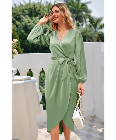 Women's 2023 Satin Short/Long Sleeve Cocktail Midi Dress Belted Ruched Slit Formal Wedding Guest Dresses Light Green-1 $22.00...