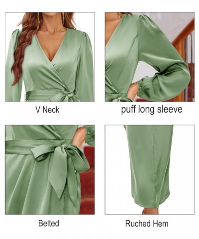 Women's 2023 Satin Short/Long Sleeve Cocktail Midi Dress Belted Ruched Slit Formal Wedding Guest Dresses Light Green-1 $22.00...