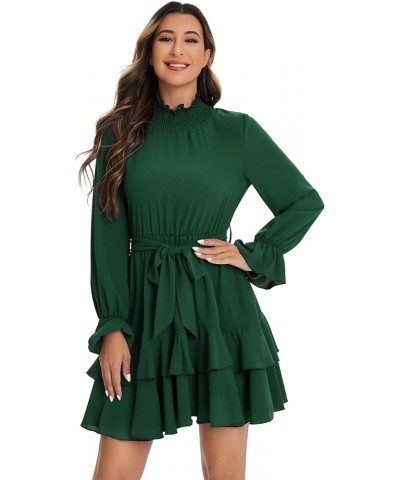Women's Elegant High Neck Flounce Sleeve High Waist Ruffle Belted Party Mini Dress Dark Green $20.70 Dresses