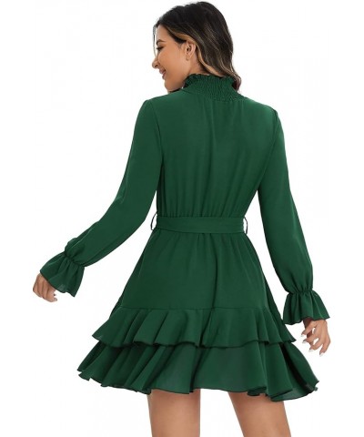 Women's Elegant High Neck Flounce Sleeve High Waist Ruffle Belted Party Mini Dress Dark Green $20.70 Dresses