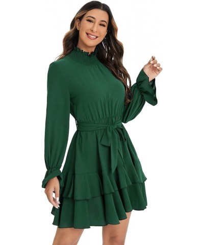 Women's Elegant High Neck Flounce Sleeve High Waist Ruffle Belted Party Mini Dress Dark Green $20.70 Dresses