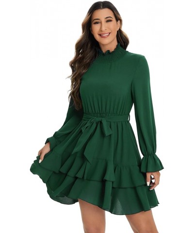 Women's Elegant High Neck Flounce Sleeve High Waist Ruffle Belted Party Mini Dress Dark Green $20.70 Dresses