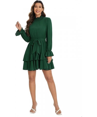 Women's Elegant High Neck Flounce Sleeve High Waist Ruffle Belted Party Mini Dress Dark Green $20.70 Dresses