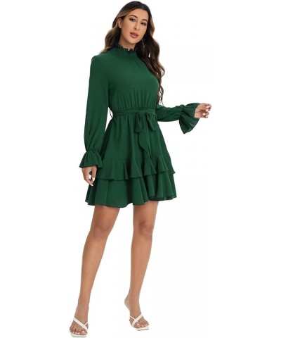 Women's Elegant High Neck Flounce Sleeve High Waist Ruffle Belted Party Mini Dress Dark Green $20.70 Dresses