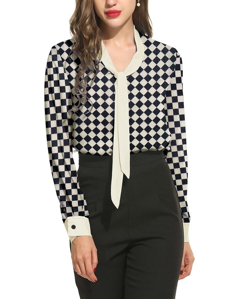 Chiffon Blouses for Women Dressy Bow Tie Neck Long Sleeve Work Shirt Formal Casual Wear A-black Lattice Print White $16.32 Bl...