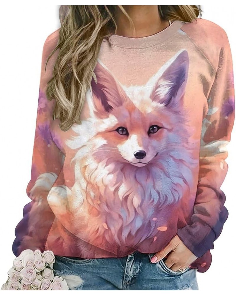 Fox Sweatshirt for Women Crewneck Tunics Long Sleeve Animal Print Tops Loose Fit Casual Cozy Hoodies Pink Fox $13.20 Hoodies ...