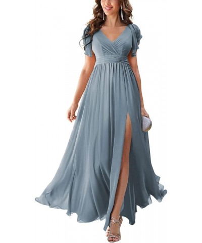 Women's Chiffon Bridesmaid Dresses with Sleeves 2023 V-Neck High Slit Formal Gowns Long Dark Blue $20.91 Dresses