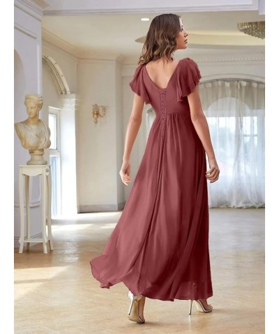 Women's Chiffon Bridesmaid Dresses with Sleeves 2023 V-Neck High Slit Formal Gowns Long Dark Blue $20.91 Dresses