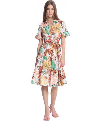 Women's Leaf Printed Tiered Knee Length Dress with Collar and Waist Tie Soft White/Coral $13.42 Dresses