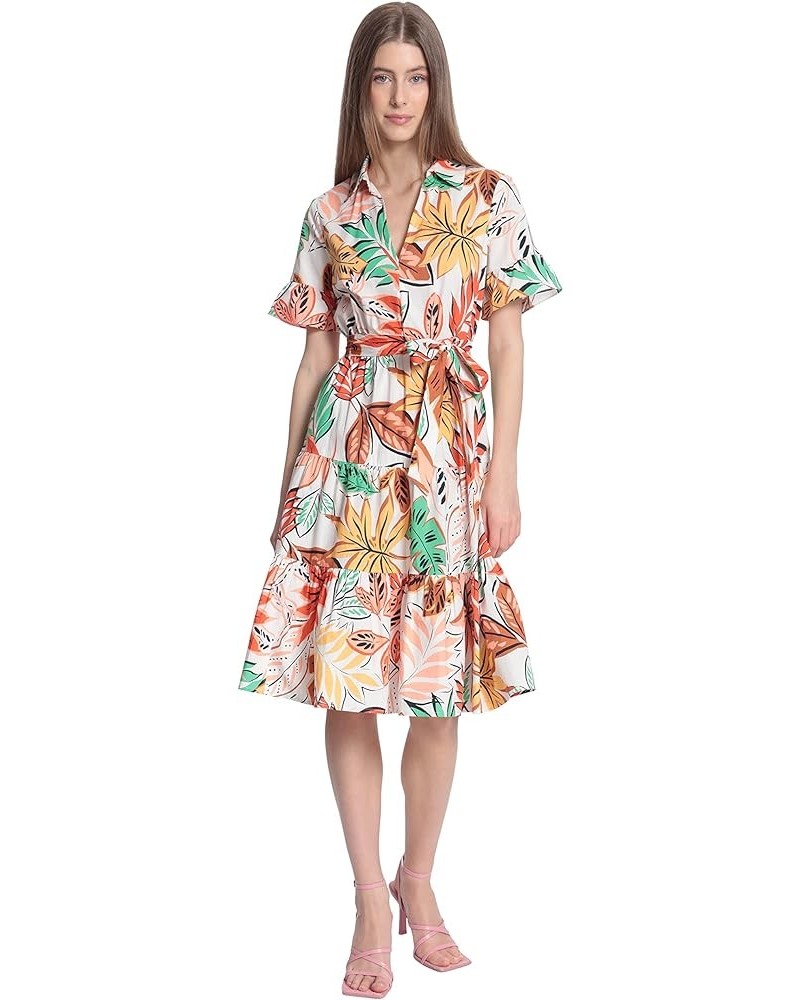 Women's Leaf Printed Tiered Knee Length Dress with Collar and Waist Tie Soft White/Coral $13.42 Dresses