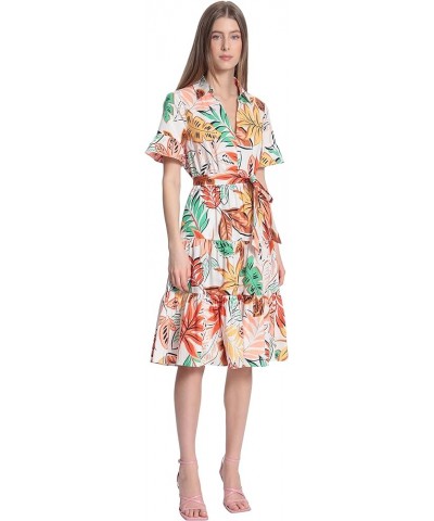 Women's Leaf Printed Tiered Knee Length Dress with Collar and Waist Tie Soft White/Coral $13.42 Dresses