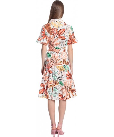 Women's Leaf Printed Tiered Knee Length Dress with Collar and Waist Tie Soft White/Coral $13.42 Dresses