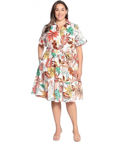 Women's Leaf Printed Tiered Knee Length Dress with Collar and Waist Tie Soft White/Coral $13.42 Dresses