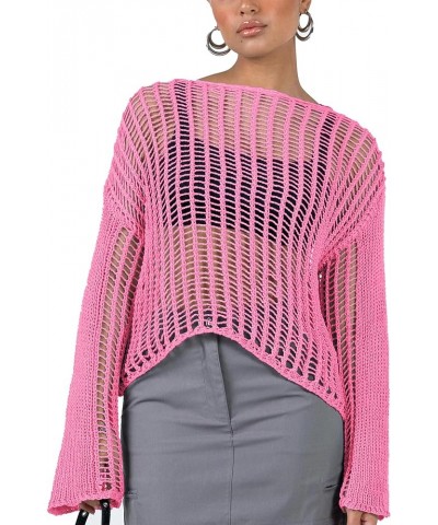 Womens Y2K Hollow Out Cropped Top Long Sleeve Crochet Knit Crop Tops Summer Sexy Beach Cover Up SwimSuit Coverup 3-pink $17.9...