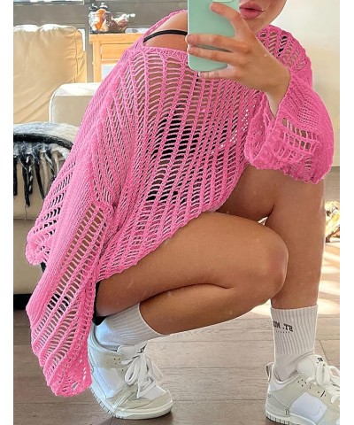 Womens Y2K Hollow Out Cropped Top Long Sleeve Crochet Knit Crop Tops Summer Sexy Beach Cover Up SwimSuit Coverup 3-pink $17.9...