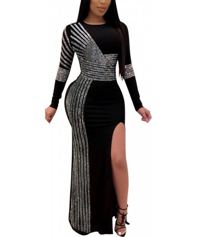 Women's Sexy Long Sleeve Rhinestone High Split Long Formal Party Evening Gown Maxi Dress Sliver $30.23 Dresses
