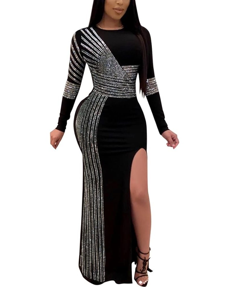 Women's Sexy Long Sleeve Rhinestone High Split Long Formal Party Evening Gown Maxi Dress Sliver $30.23 Dresses