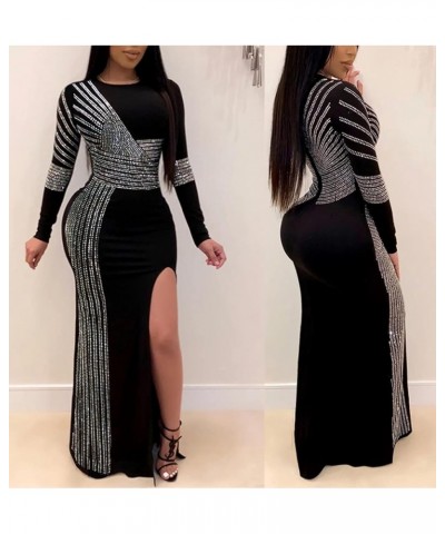 Women's Sexy Long Sleeve Rhinestone High Split Long Formal Party Evening Gown Maxi Dress Sliver $30.23 Dresses