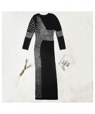 Women's Sexy Long Sleeve Rhinestone High Split Long Formal Party Evening Gown Maxi Dress Sliver $30.23 Dresses