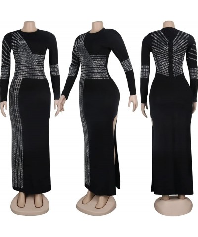 Women's Sexy Long Sleeve Rhinestone High Split Long Formal Party Evening Gown Maxi Dress Sliver $30.23 Dresses