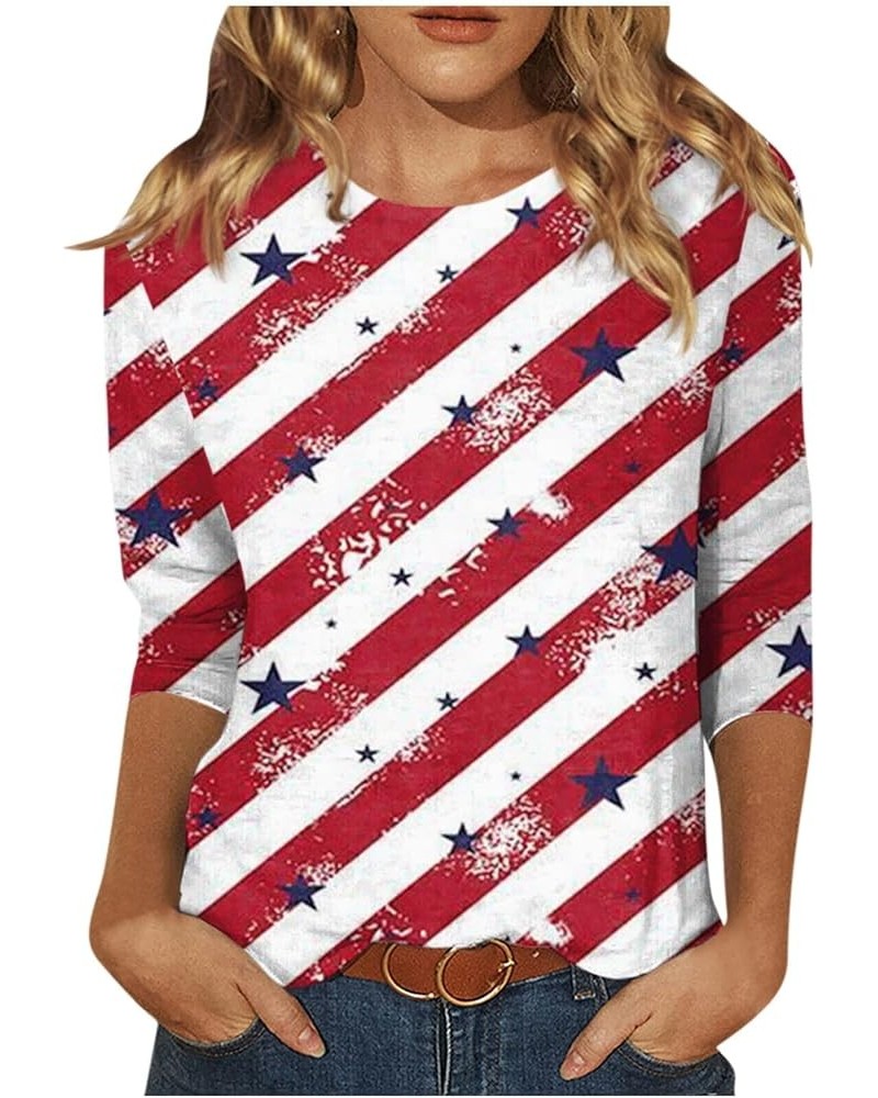 Ladies Patriotic Tops 3/4 Sleeve American Flag Independence Day 4Th of July Tops Crewneck Cute Festival Fashion Tops 02-red $...