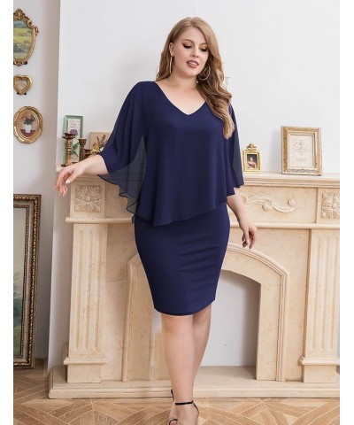 Women's Plus Size V Neck Bodycon Pencil Dresses Chiffon Cape Midi Dress L-4XL Navy-blue $26.95 Dresses