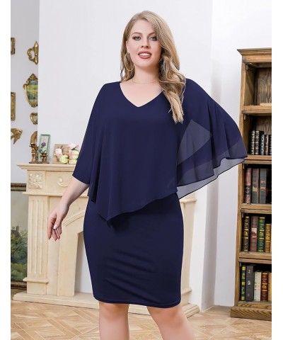 Women's Plus Size V Neck Bodycon Pencil Dresses Chiffon Cape Midi Dress L-4XL Navy-blue $26.95 Dresses