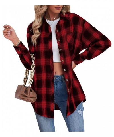 Womens Plaid Tops Fall Dressy Casual Shirts Long Sleeve Button Down Collar Loose Blouses Red $11.75 Blouses