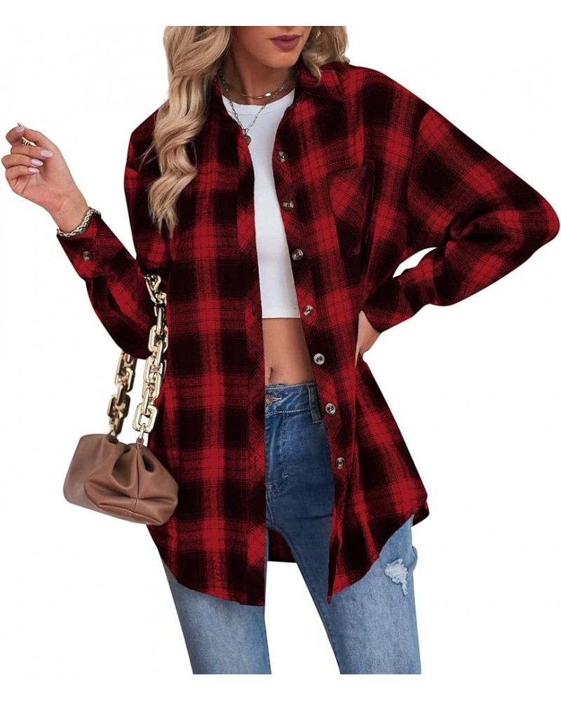 Womens Plaid Tops Fall Dressy Casual Shirts Long Sleeve Button Down Collar Loose Blouses Red $11.75 Blouses