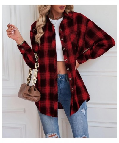 Womens Plaid Tops Fall Dressy Casual Shirts Long Sleeve Button Down Collar Loose Blouses Red $11.75 Blouses