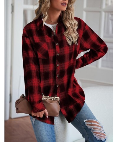 Womens Plaid Tops Fall Dressy Casual Shirts Long Sleeve Button Down Collar Loose Blouses Red $11.75 Blouses