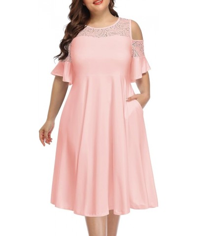 Plus Size Cold Shoulder Mesh Neck Wedding Guest Swing Midi Dresses with Pockets Pink Blush $20.68 Dresses