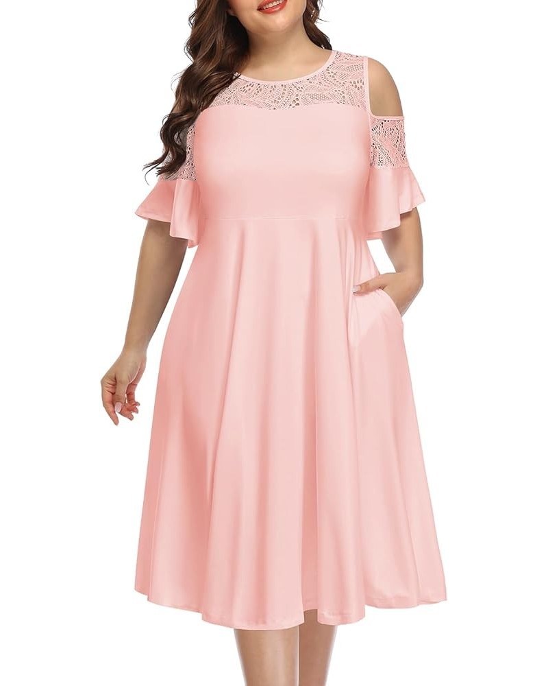 Plus Size Cold Shoulder Mesh Neck Wedding Guest Swing Midi Dresses with Pockets Pink Blush $20.68 Dresses