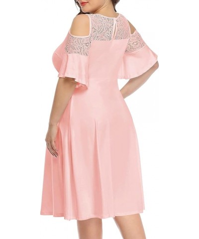 Plus Size Cold Shoulder Mesh Neck Wedding Guest Swing Midi Dresses with Pockets Pink Blush $20.68 Dresses