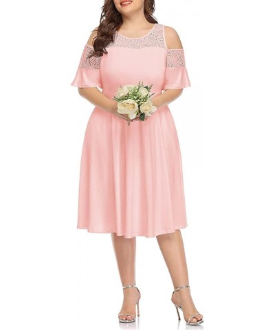 Plus Size Cold Shoulder Mesh Neck Wedding Guest Swing Midi Dresses with Pockets Pink Blush $20.68 Dresses