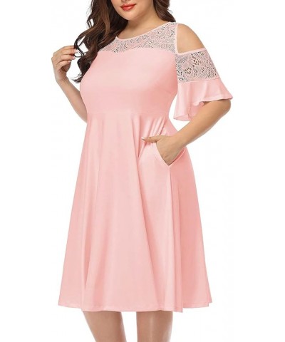 Plus Size Cold Shoulder Mesh Neck Wedding Guest Swing Midi Dresses with Pockets Pink Blush $20.68 Dresses