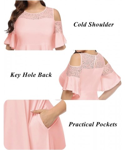 Plus Size Cold Shoulder Mesh Neck Wedding Guest Swing Midi Dresses with Pockets Pink Blush $20.68 Dresses