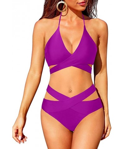 Two Piece Bikini Sets for Women Halter Wrap Criss Cross Bathing Suit High Waisted Bikini Swimsuit Purple $19.94 Swimsuits