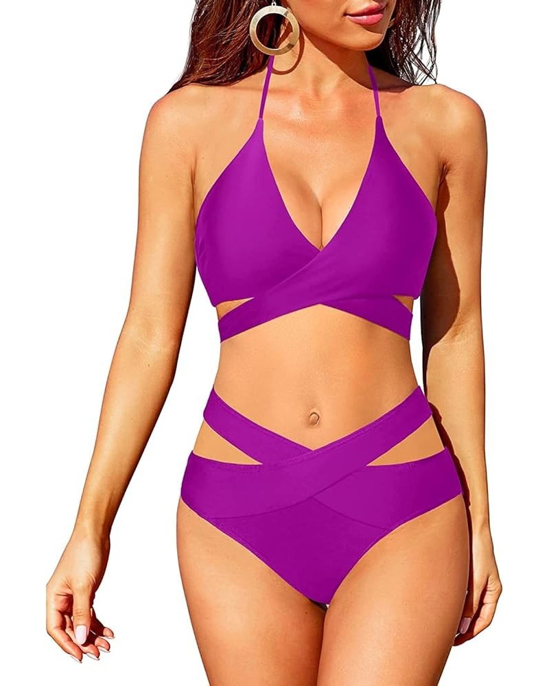 Two Piece Bikini Sets for Women Halter Wrap Criss Cross Bathing Suit High Waisted Bikini Swimsuit Purple $19.94 Swimsuits