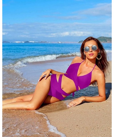 Two Piece Bikini Sets for Women Halter Wrap Criss Cross Bathing Suit High Waisted Bikini Swimsuit Purple $19.94 Swimsuits