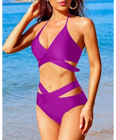 Two Piece Bikini Sets for Women Halter Wrap Criss Cross Bathing Suit High Waisted Bikini Swimsuit Purple $19.94 Swimsuits