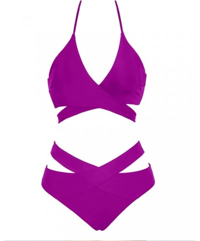 Two Piece Bikini Sets for Women Halter Wrap Criss Cross Bathing Suit High Waisted Bikini Swimsuit Purple $19.94 Swimsuits