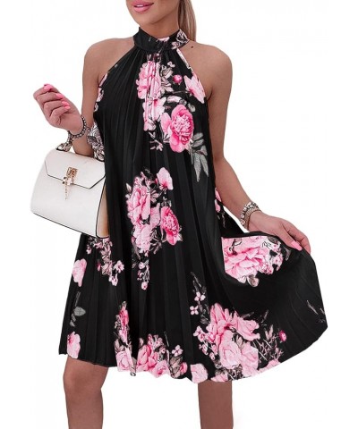 Women's Tunic Floral Halter Neck Pleated Sleeveless Flowy Hem A Line Mini Dress Black $16.81 Dresses