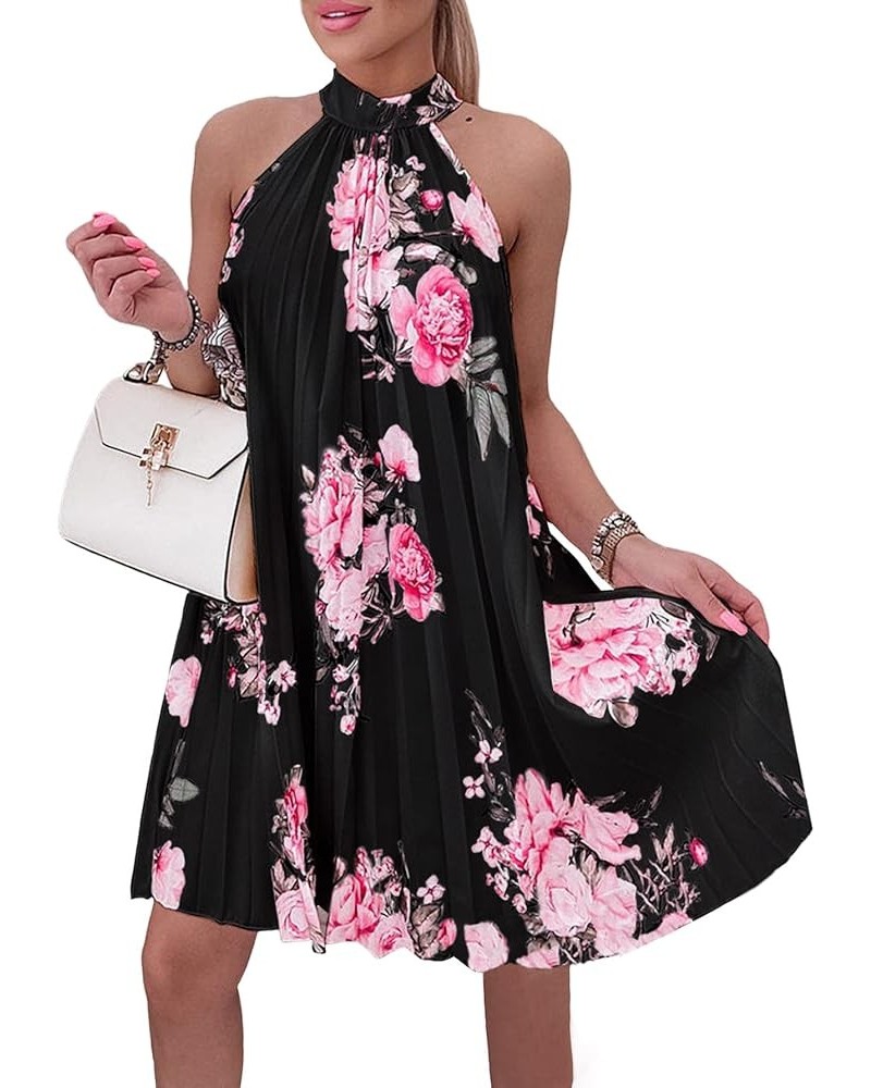 Women's Tunic Floral Halter Neck Pleated Sleeveless Flowy Hem A Line Mini Dress Black $16.81 Dresses