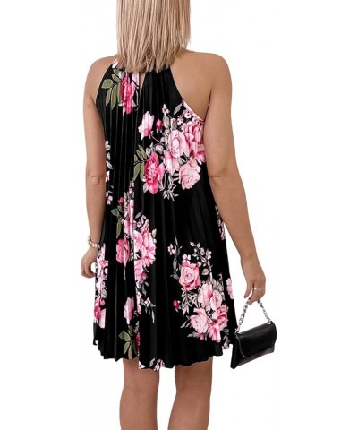 Women's Tunic Floral Halter Neck Pleated Sleeveless Flowy Hem A Line Mini Dress Black $16.81 Dresses