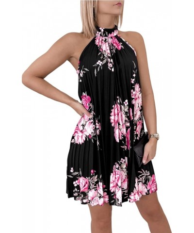 Women's Tunic Floral Halter Neck Pleated Sleeveless Flowy Hem A Line Mini Dress Black $16.81 Dresses