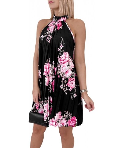 Women's Tunic Floral Halter Neck Pleated Sleeveless Flowy Hem A Line Mini Dress Black $16.81 Dresses