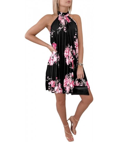 Women's Tunic Floral Halter Neck Pleated Sleeveless Flowy Hem A Line Mini Dress Black $16.81 Dresses